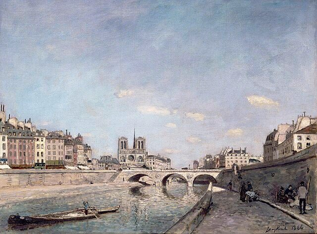 A painting of Notre Dame Cathedral across the Seine River, featuring bridges, city buildings, and people on the riverbanks.