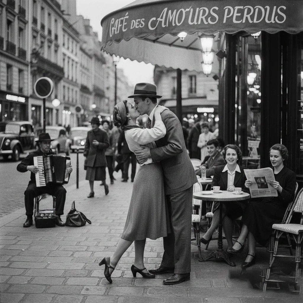 A black-and-white photo of a couple kissing on a Parisian street, with an accordion player nearby and customers at an outdoor café.