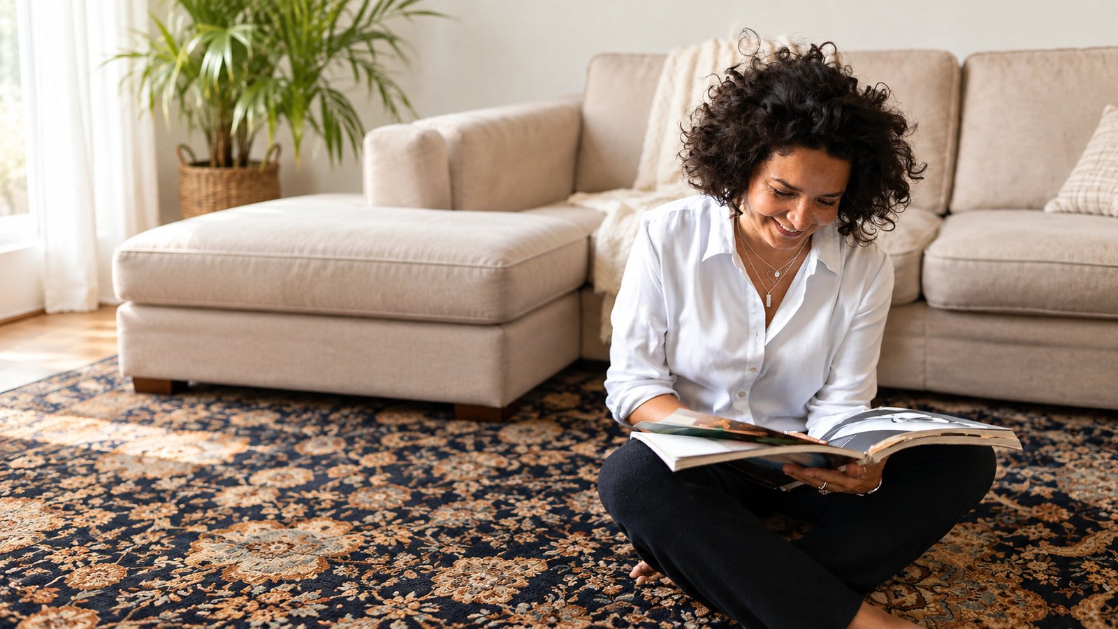 A smiling woman is sitting cross-legged on a dark, patterned rug, reading a book in the living room.