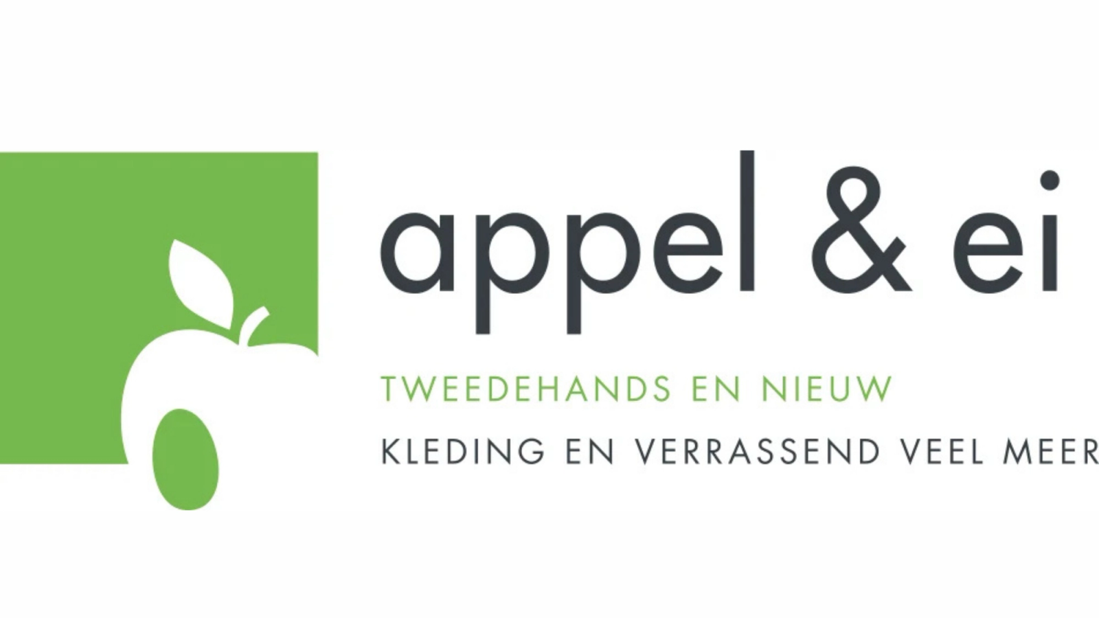 Logo for appel & ei, featuring a white apple in a green square and the text 'TWEEDEHANDS EN NIEUW KLEDING EN VERRASSEND VEEL MEER'.