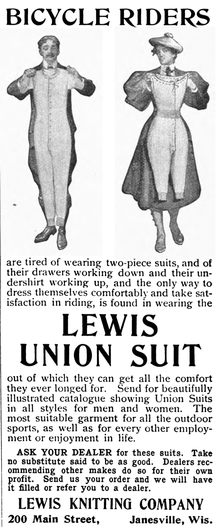 Vintage advertisement for Lewis Union Suits, featuring a man and a woman in the one-piece garments, marketed for bicycle riders.