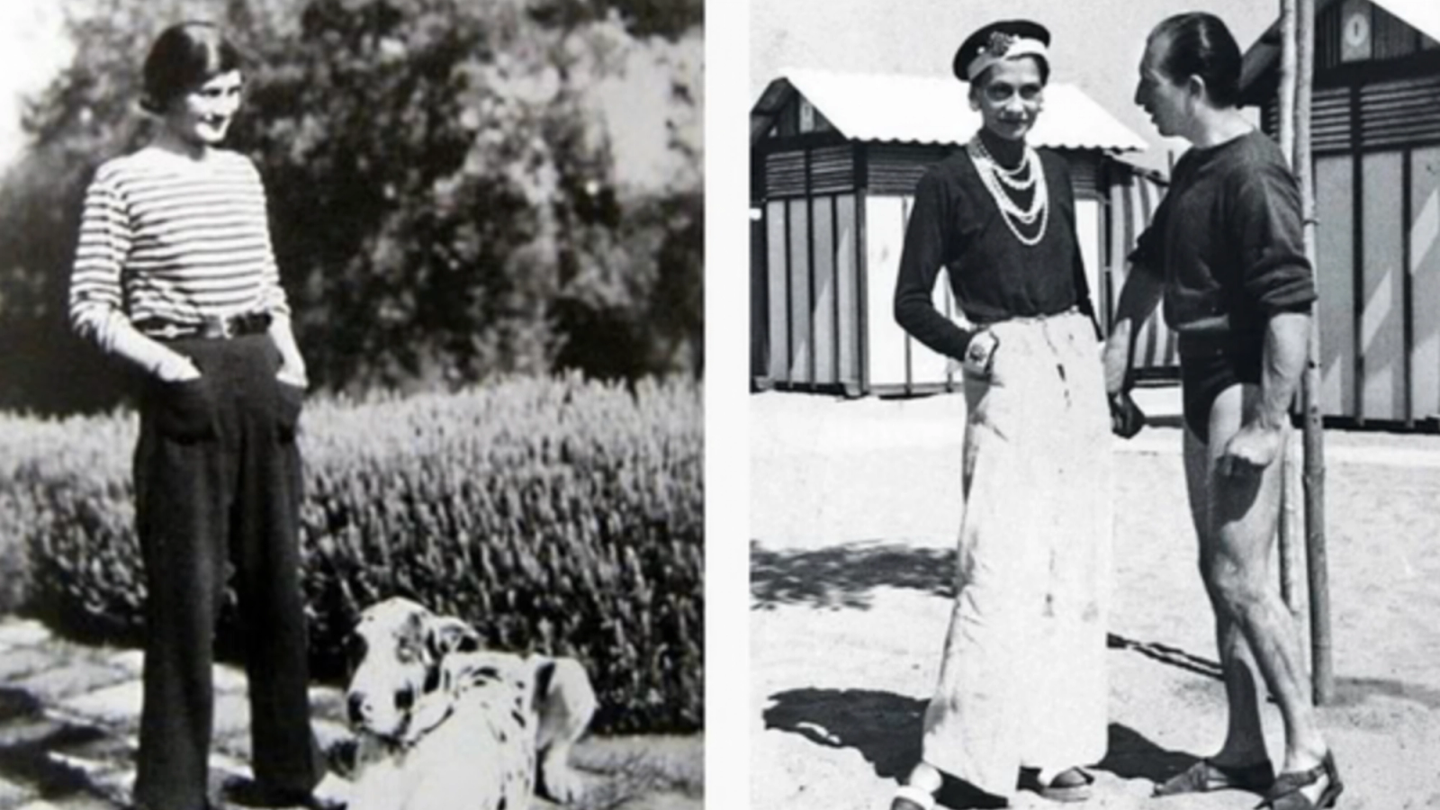 Zwei Schwarz-Weiß-Fotos von Coco Chanel: links in einem gestreiften Oberteil und einer Hose zusammen mit einem Hund; rechts am Strand in einem langen Rock und mit einer Perlenkette zusammen mit einem Mann.