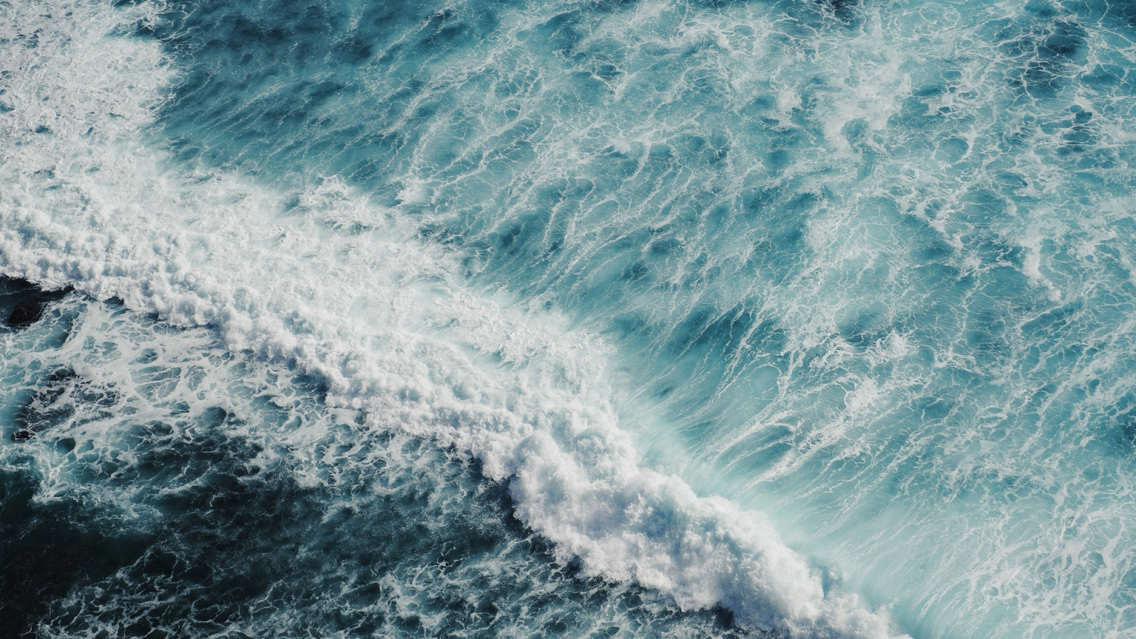 A large white ocean wave crashes across deep blue water.