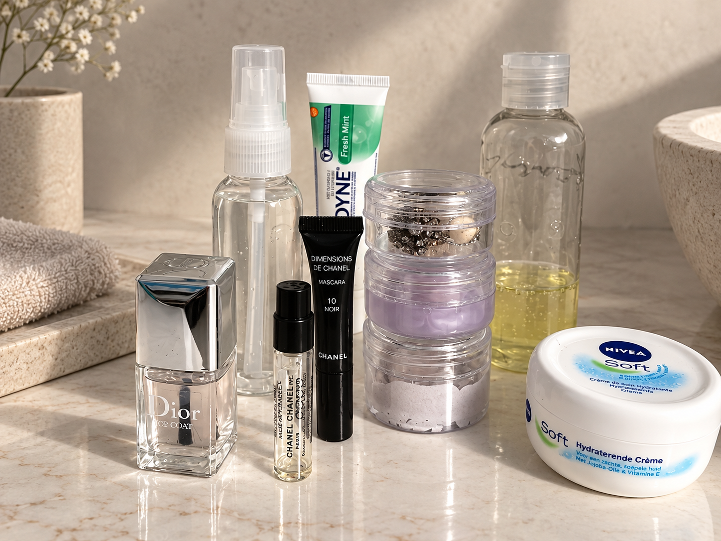 A collection of beauty and personal care products, including Dior nail polish, Chanel mascara, Nivea cream, and toothpaste, on a marble counter.