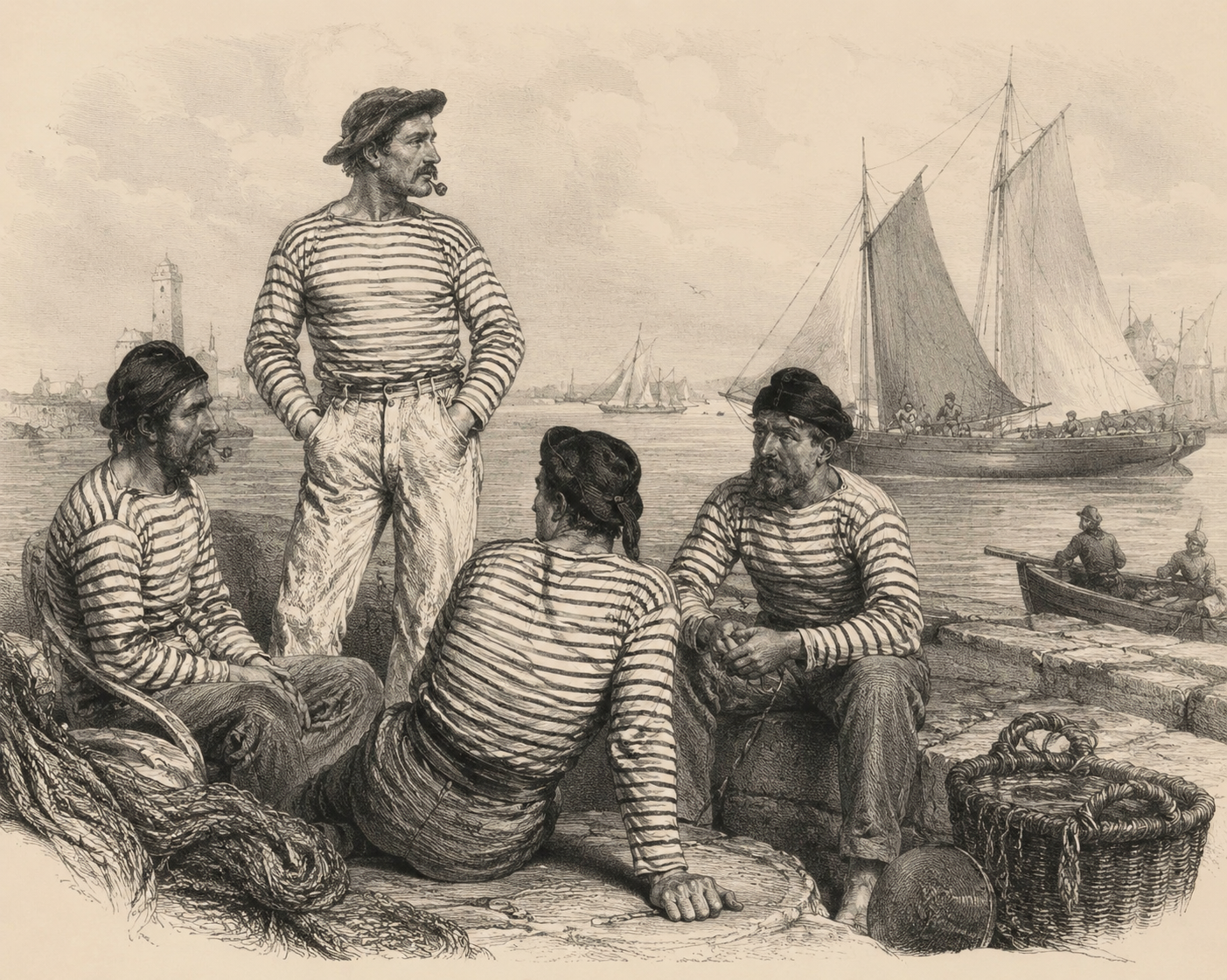 Stich, der vier Fischer in gestreiften Hemden in einem Hafen mit Segelschiffen und einem Leuchtturm zeigt.