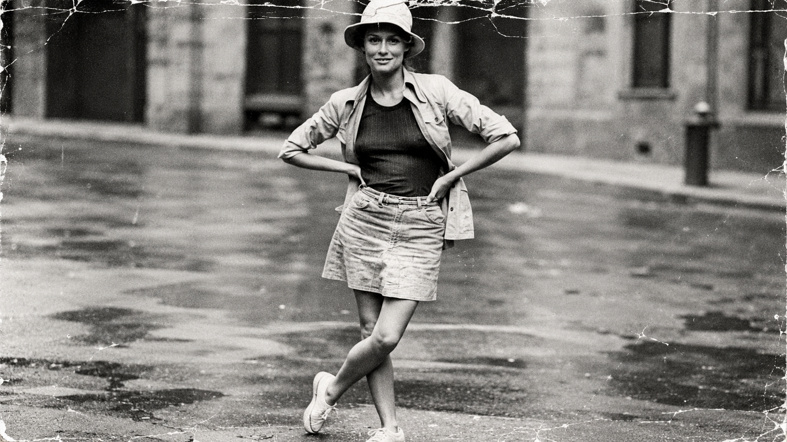 A vintage black-and-white photo of a woman wearing a hat, a shirt, and shorts, posing on a wet street.