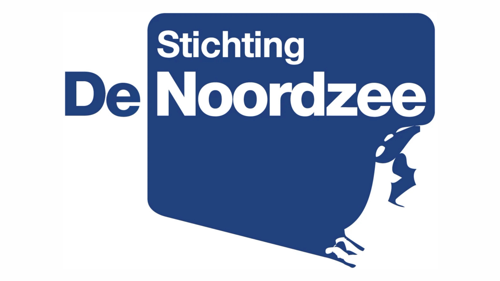 The De Noordzee Foundation logo, featuring white text on a blue stylized map shape and the blue text 