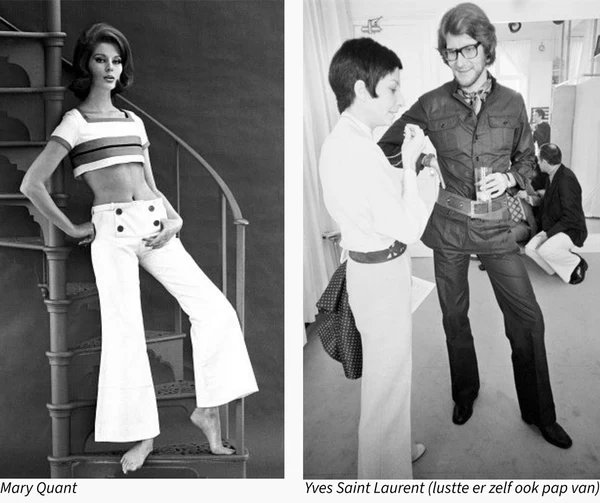 Schwarz-Weiß-Diptychon. Links: Mary Quant posiert in einem gestreiften Crop-Top und weißen Schlaghosen auf einer Wendeltreppe. Rechts: Yves Saint Laurent mit Brille und einer Jacke mit Gürtel, neben einer Frau stehend.