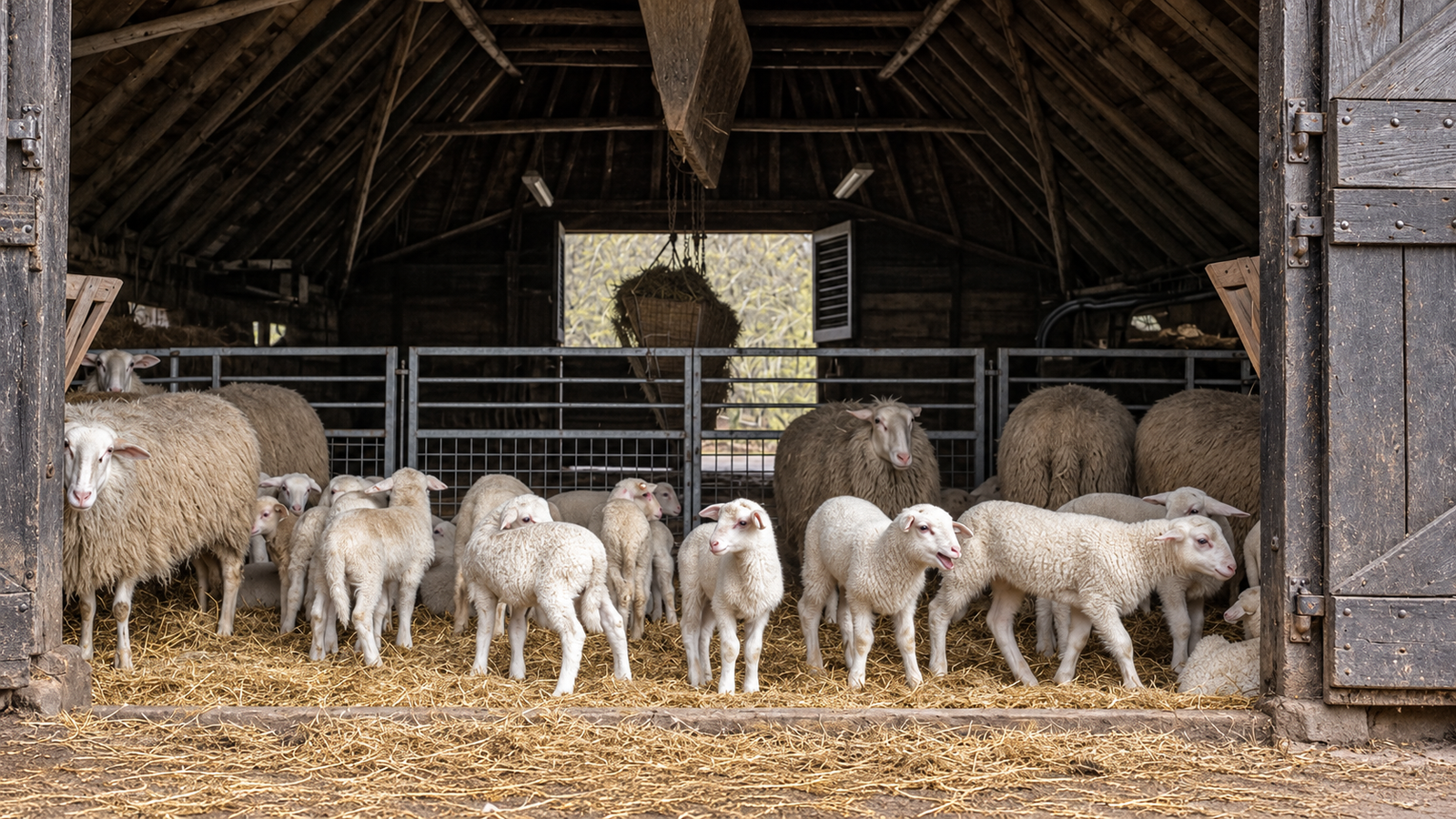 Sheep and lambs standing on hay inside a barn.