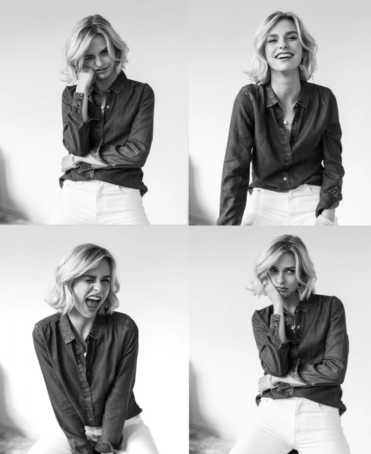 A black-and-white collage of a woman making four distinct facial expressions.