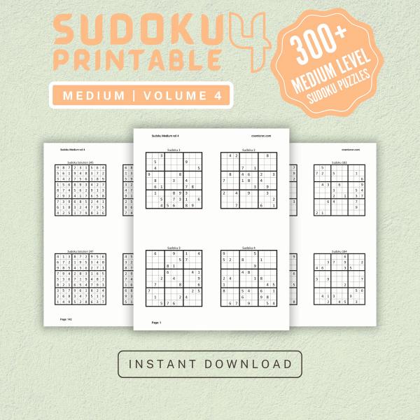 Sudoku Printable Adults Puzzles Sudoku Book Medium Vol 4, digital download, sudoku puzzle, children, puzzle for kids, brain teaser puzzle