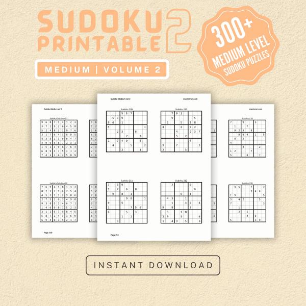 Sudoku Printable Adults Puzzles Sudoku Book Medium Vol 2, digital download, sudoku puzzle, children, puzzle for kids, brain teaser puzzle