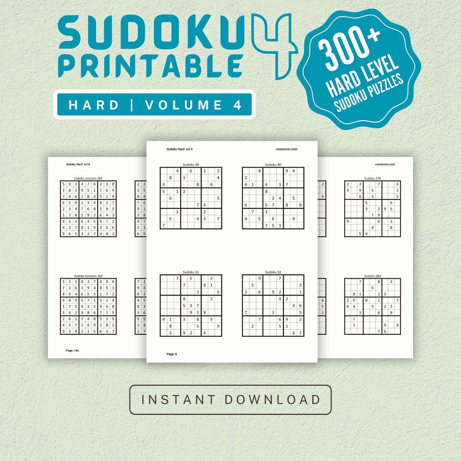 Sudoku Printable Adults Puzzles Sudoku Book Hard Vol 4, digital download, sudoku puzzle, children, puzzle for kids, brain teaser puzzle - Image 1
