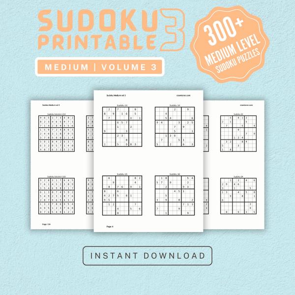 Sudoku Printable Adults Puzzles Sudoku Book Medium Vol 3, digital download, sudoku puzzle, children, puzzle for kids, brain teaser puzzle