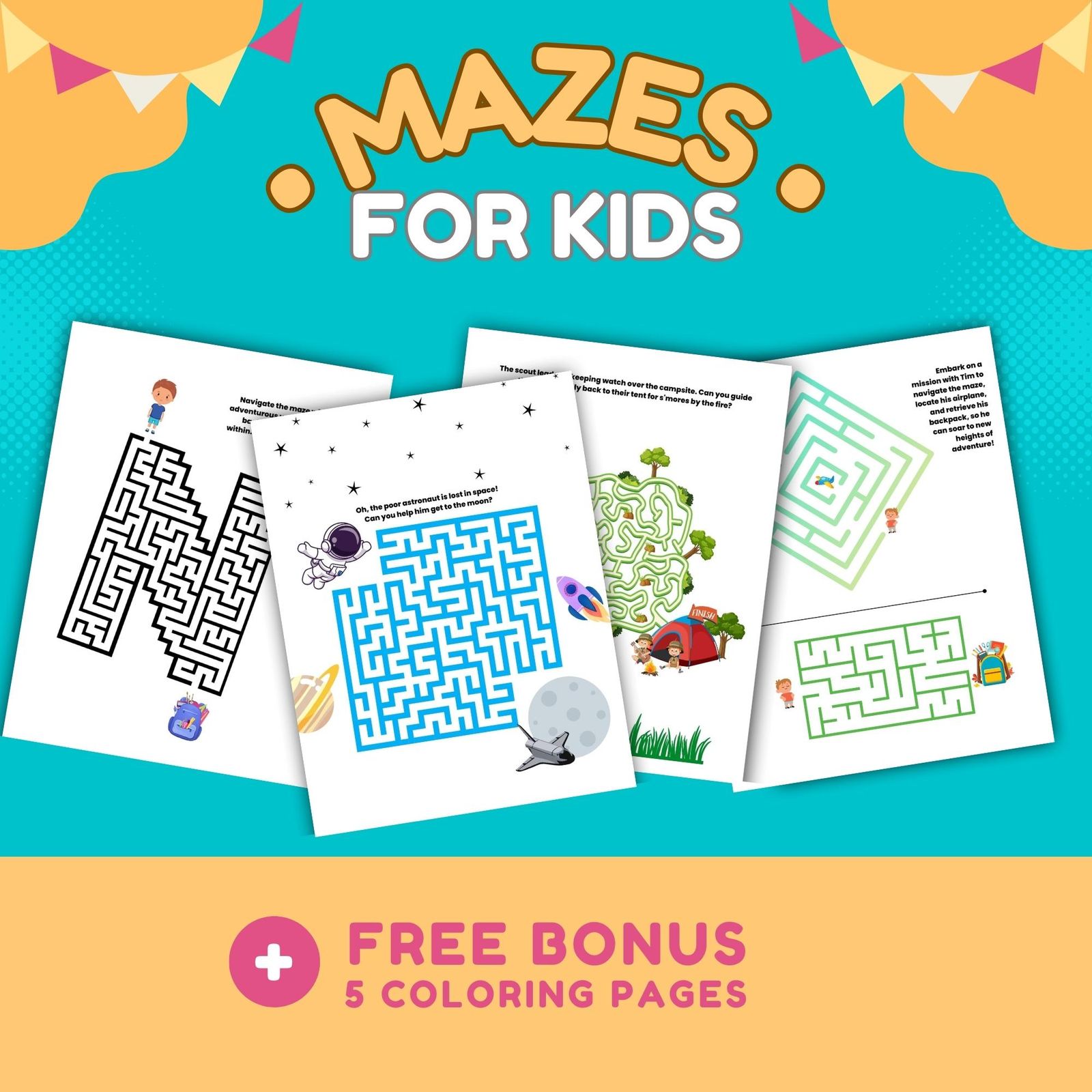 Mazes for kids printable worksheets, Labyrinth, printable activites, activities worksheet, digital download, printable mazes, Bonus coloring - Image 1