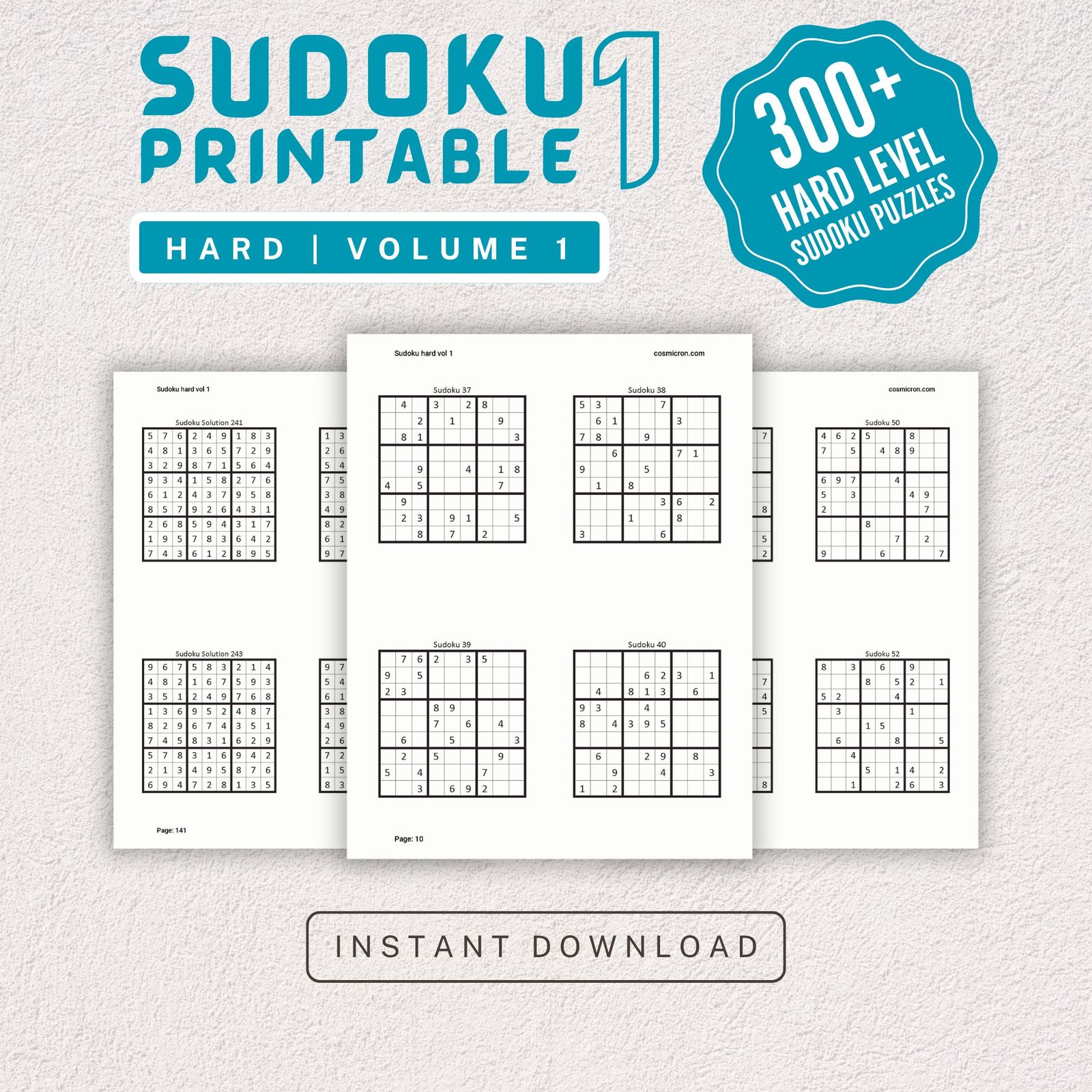 Sudoku Printable Adults Puzzles Sudoku Book Hard Vol 1, digital download, sudoku puzzle, children, puzzle for kids, brain teaser puzzle - Image 1