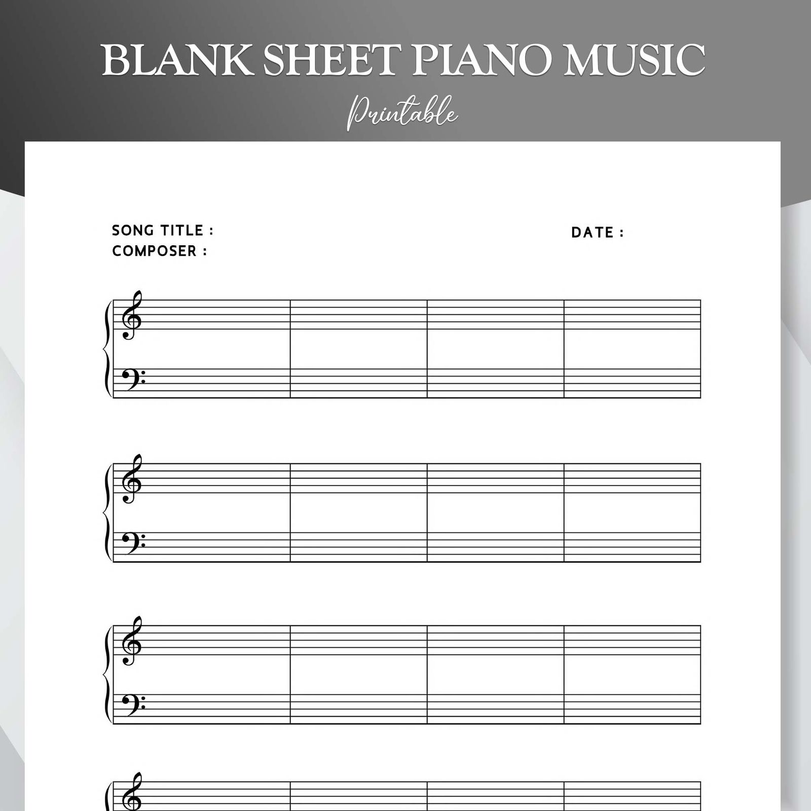 Printable Sheet Music for Piano Letter and A4 pdf. Blank Sheet Music Printable. Blank Staff Paper. Blank Music Paper. - Image 1