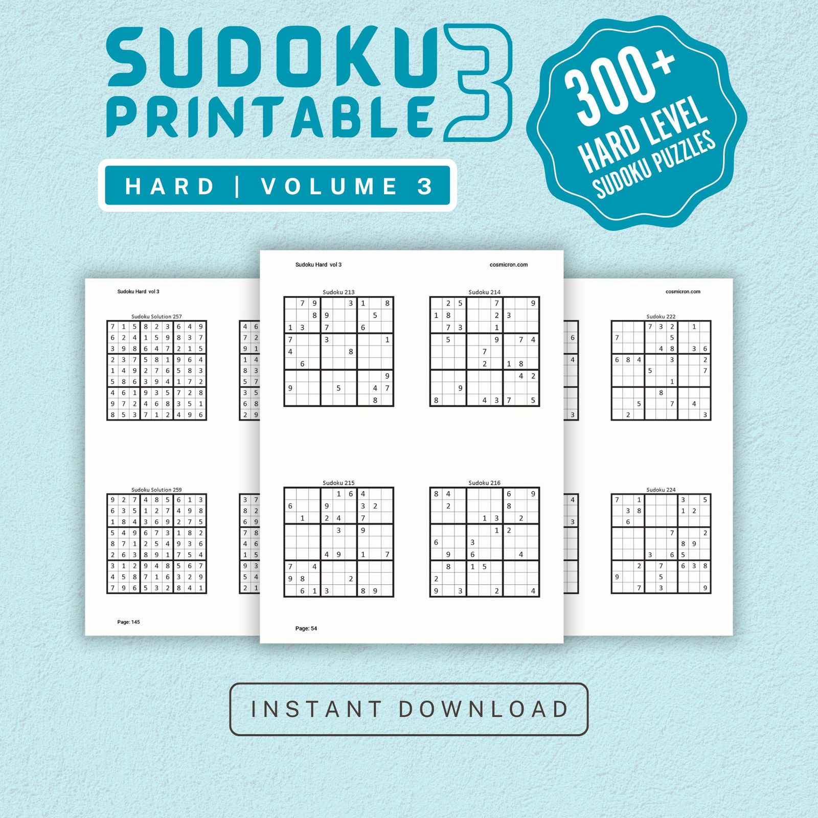 Sudoku Printable Adults Puzzles Sudoku Book Hard Vol 3, digital download, sudoku puzzle, children, puzzle for kids, brain teaser puzzle - Image 1