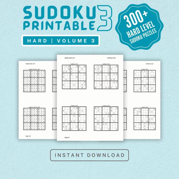 Sudoku Printable Adults Puzzles Sudoku Book Hard Vol 3, digital download, sudoku puzzle, children, puzzle for kids, brain teaser puzzle