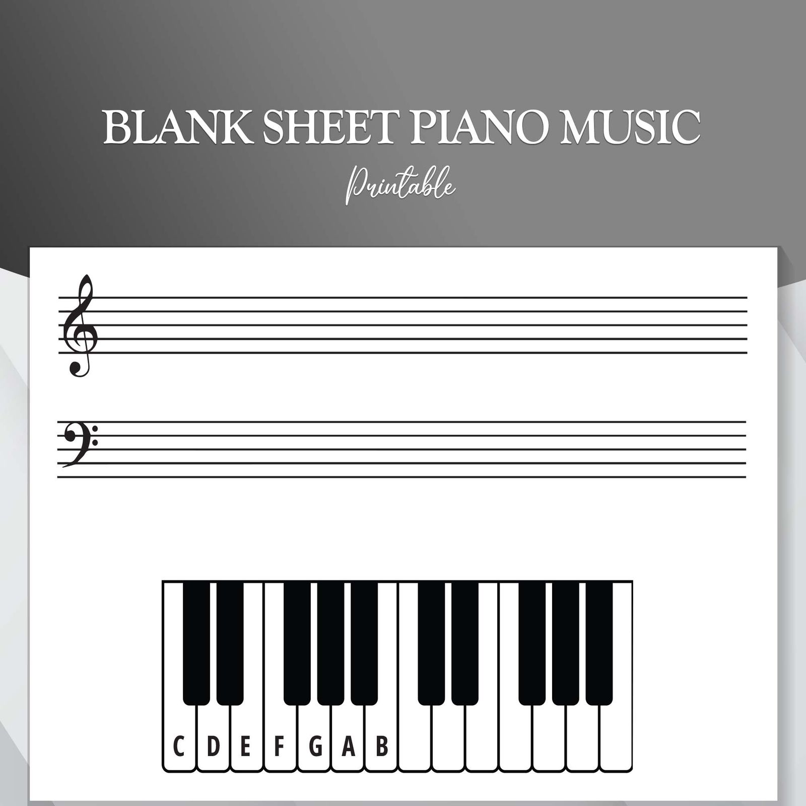 Piano and Music Staff blank sheet PDF for piano US Letter and A4. Piano Worksheet. Read Music Worksheet. Music Worksheets. - Image 1