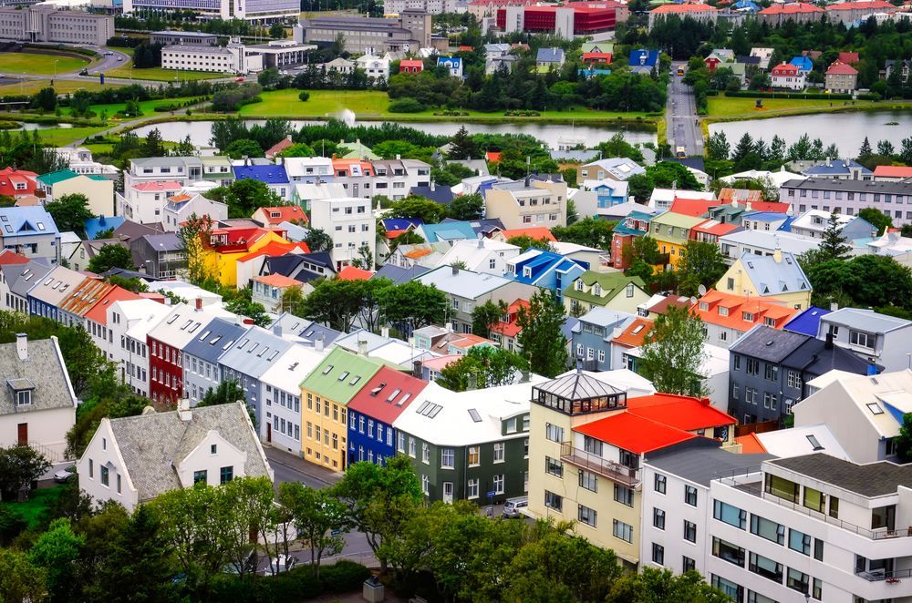 An aerial view of central Reykjavík's colourful rooftops, houses and streets