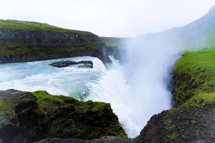 Gullfoss and its canyon seen from the wide viewpoint