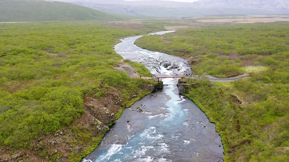 Bird's eye view of the lower waterfalls in the course of the Bruara river, Iceland.
