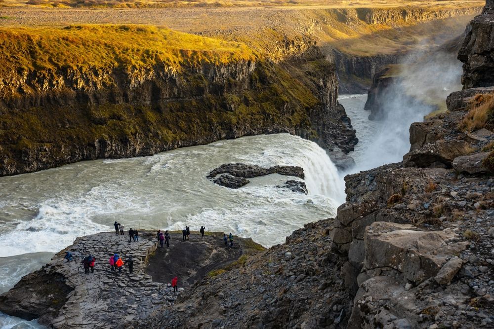 Visitors on the viewing platform above Gullfoss