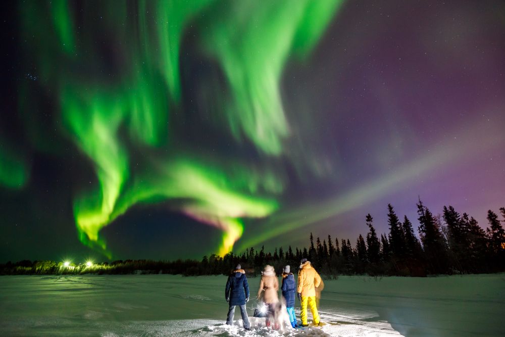 Company of friends tourist looks northern lights at edge forest