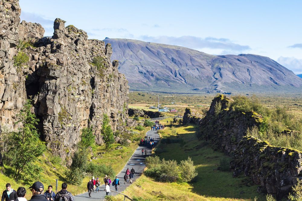 The path through Almannagja gorge with the mountains beyond