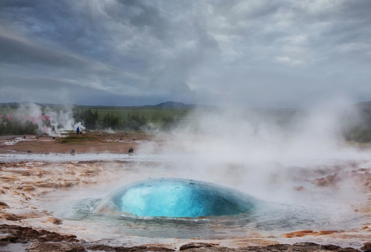 The Great Geysir erupting in spring, Iceland
