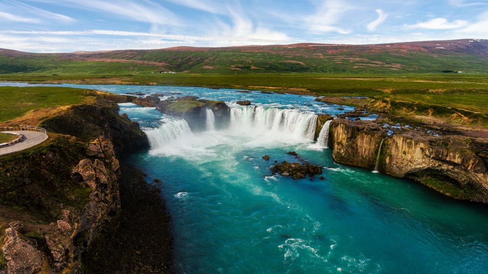 Aerial view landscape of the Godafoss famous waterfall in Iceland