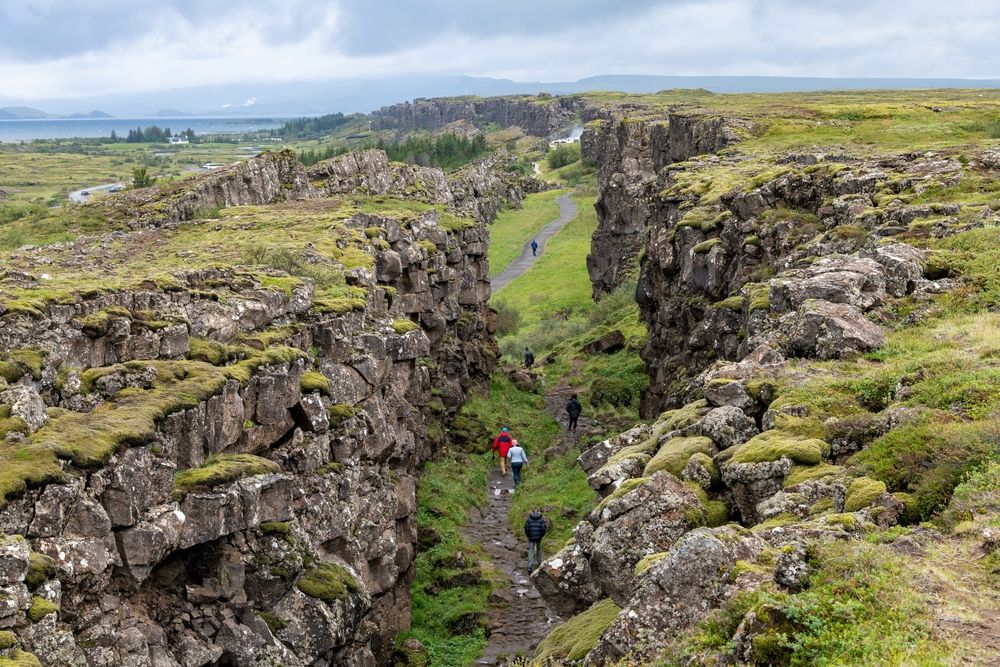 High angle view over the seismic rift valley between the Eurasian and North American tectonic plates in Thingvellir National Park