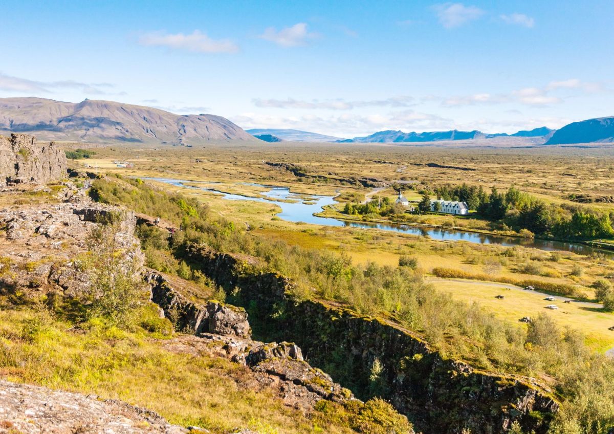 Aerial view of the Þingvellir rift valley with the lake beyond