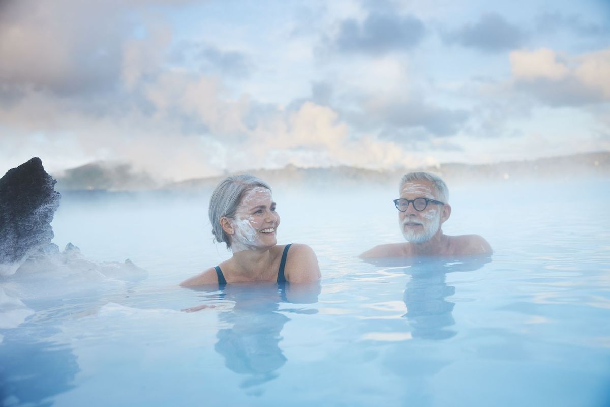 Bathers with silica mud masks at the Blue Lagoon