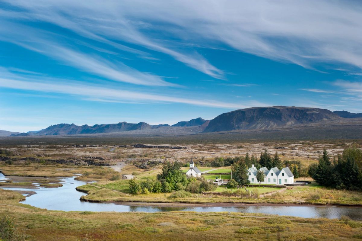 The church and farmhouses on the Thingvellir valley floor