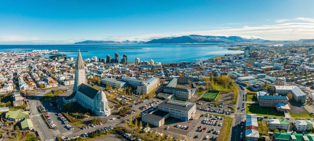 Aerial view of the Hallgrimskirkja Church in Reykjavik