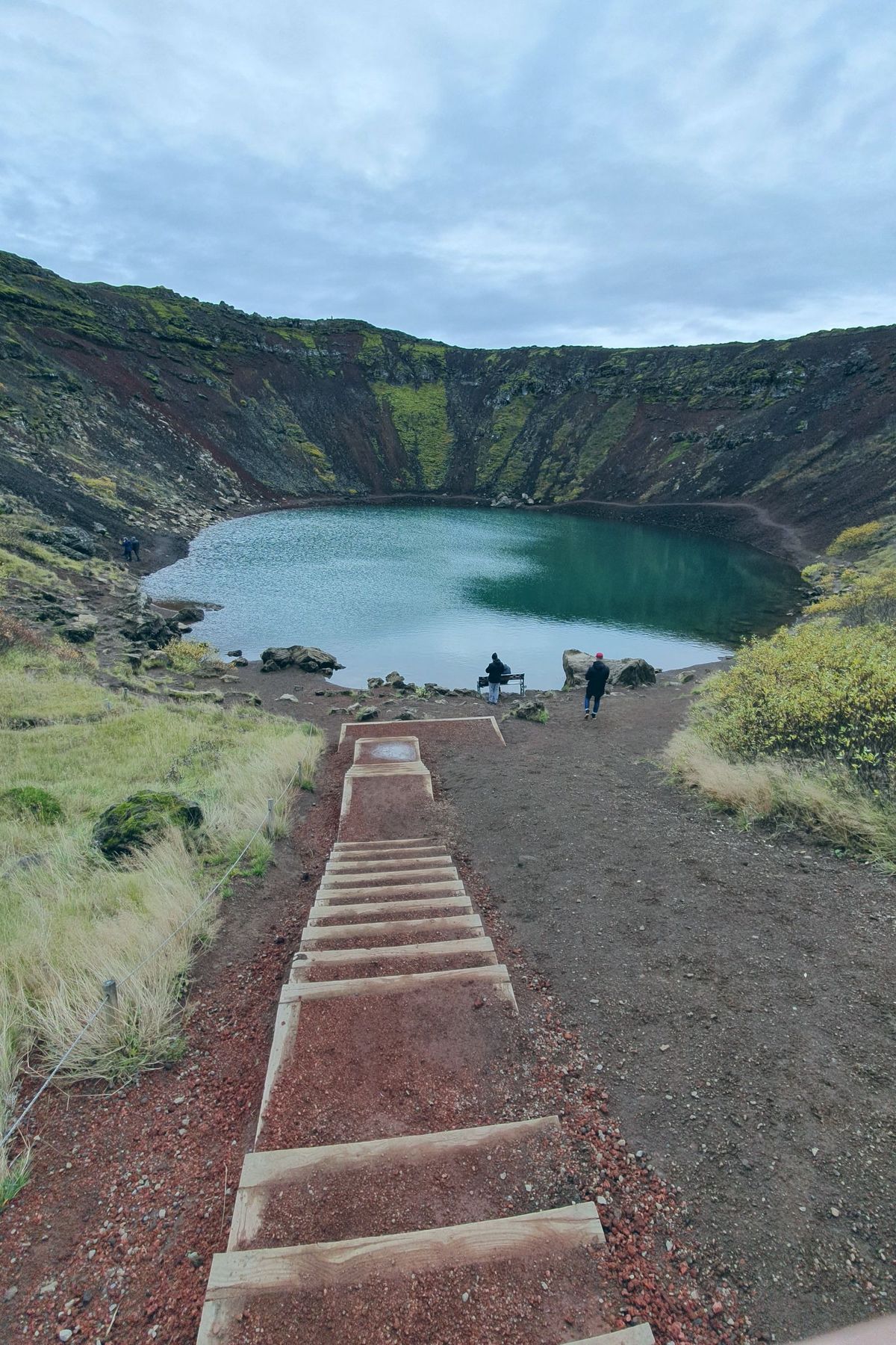 The wooden stairway down to the lake inside Kerid crater