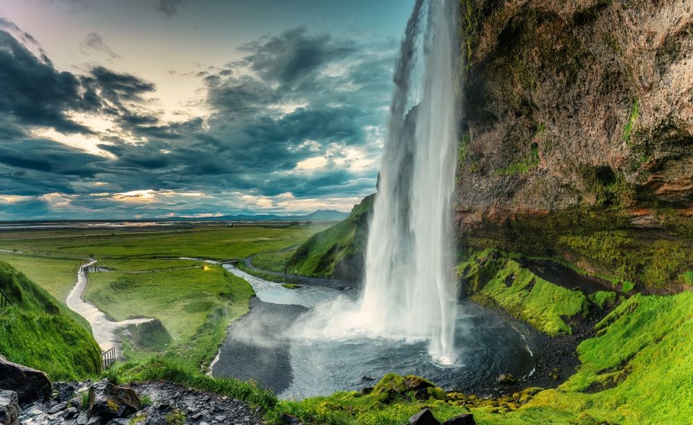 Panoramic landscape of beautiful Seljalandsfoss waterfall