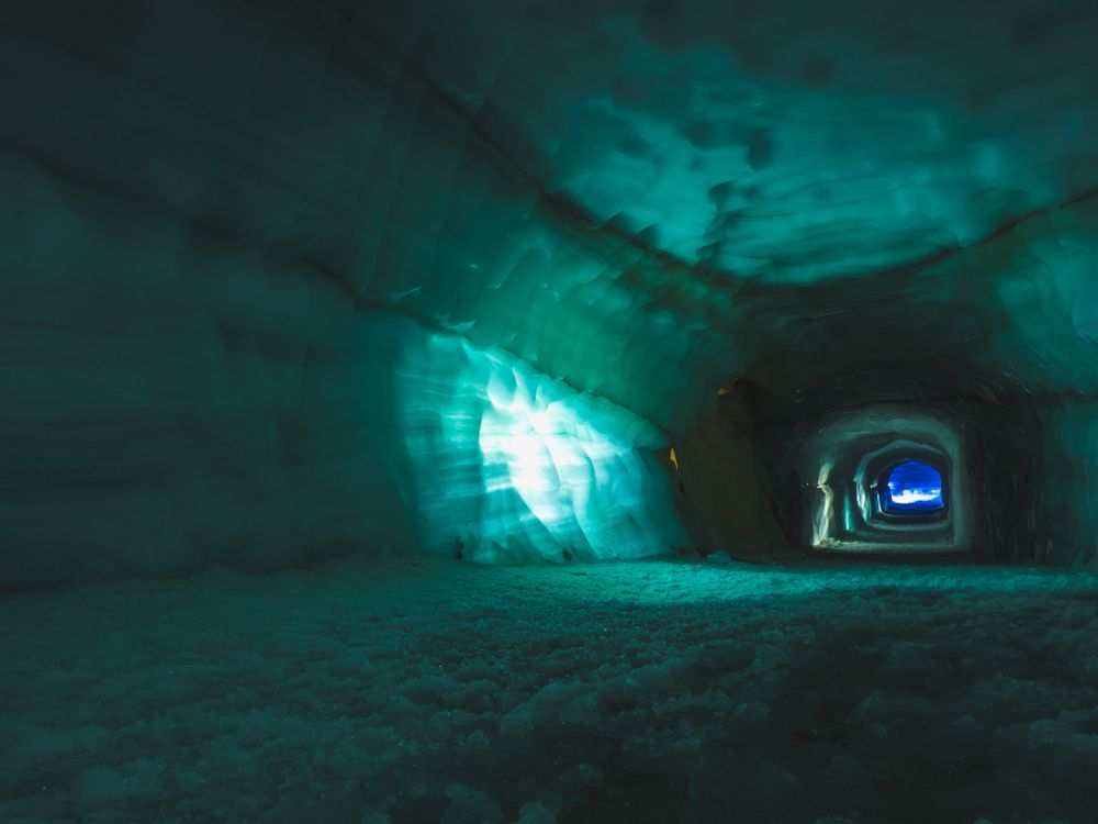 Tunnel inside ice cave in the Langjokull glacier in Iceland