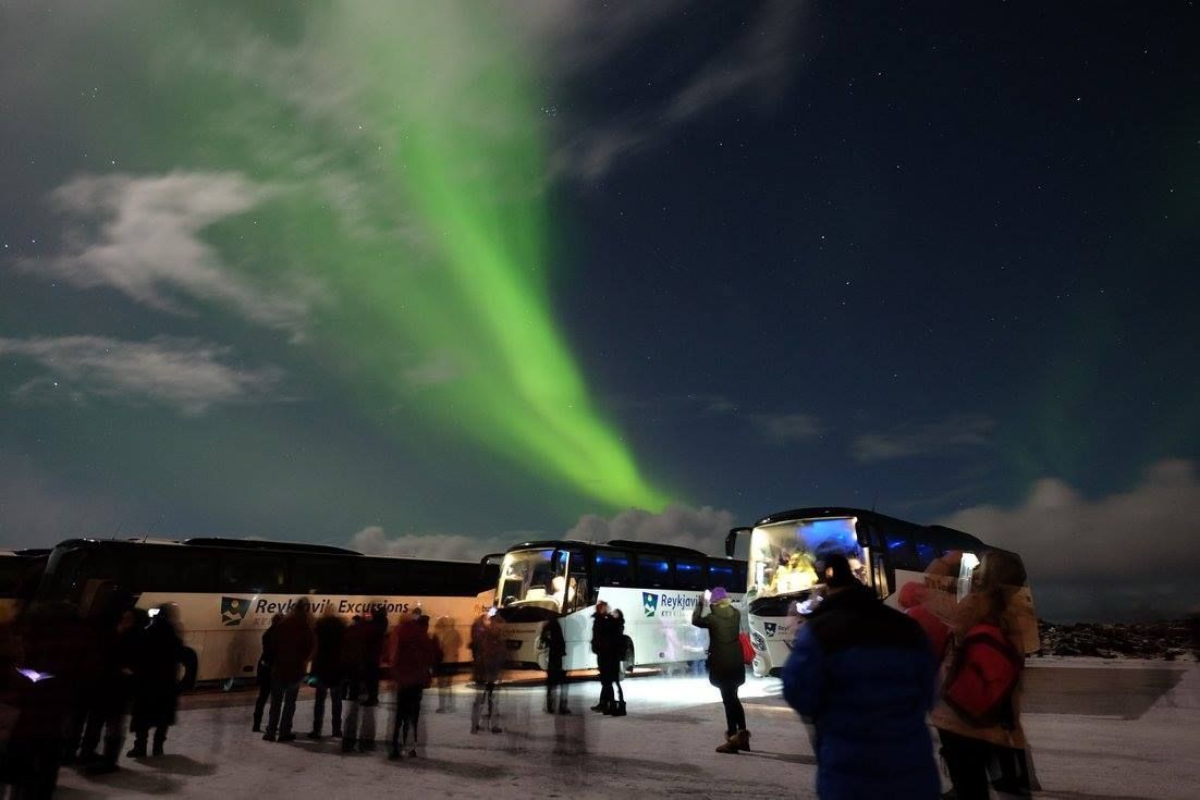 A coach group standing outside photographing the northern lights