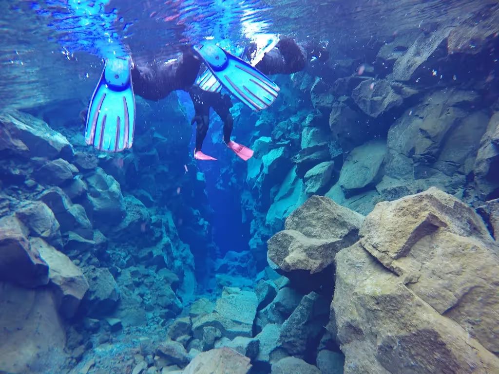 Snorkeler floating over the clear blue water of the Silfra fissure at Þingvellir