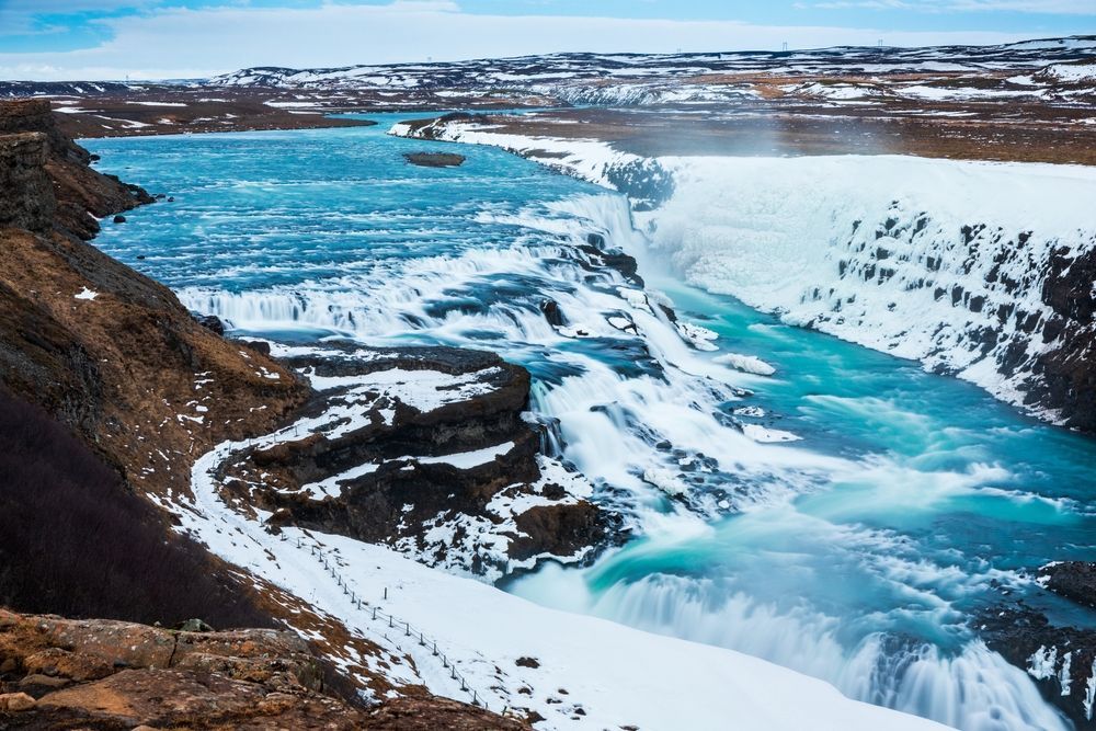 Gullfoss canyon frozen and snow-covered in winter
