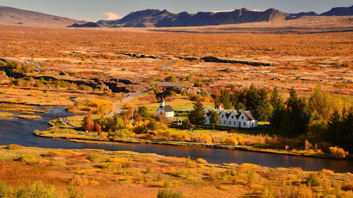 Aerial view of Þingvellir National Park in autumn colours