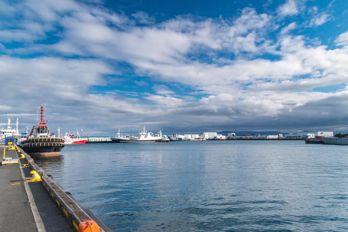 Fishing boats moored alongside the quay in an Icelandic harbour
