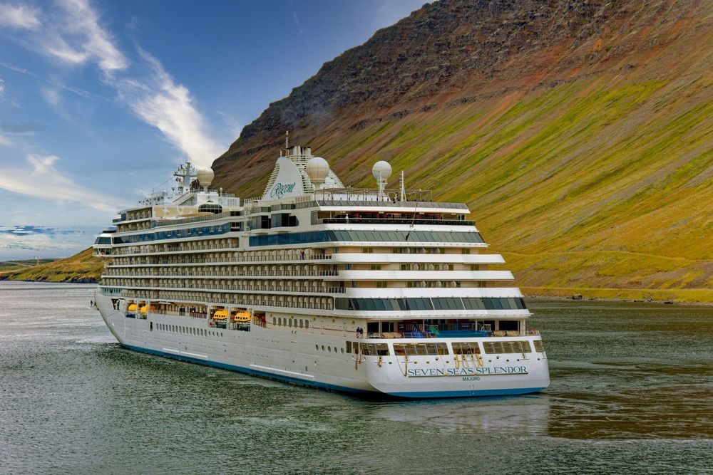 View over Reykjavík's old harbour with a docked cruise ship in the distance