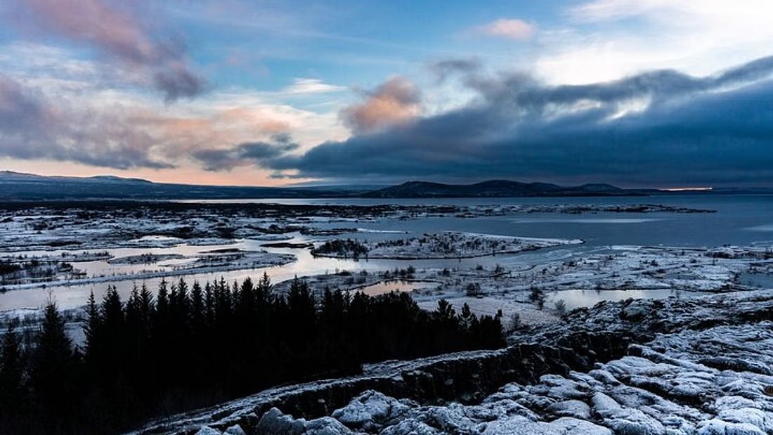 Aerial view of Þingvellir National Park in evening light