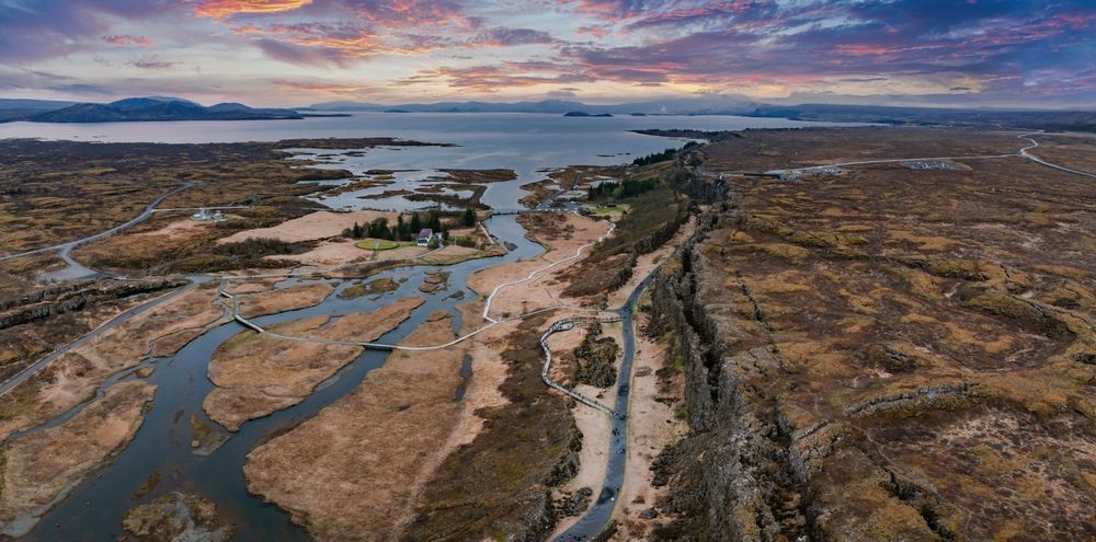 The Þingvellir rift valley from the air in low sunset light