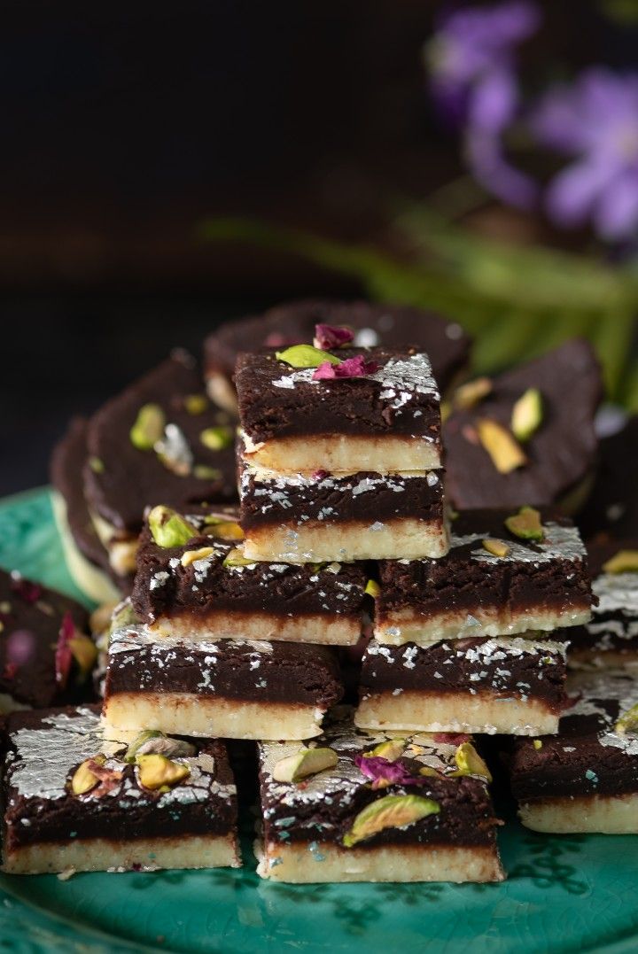 Close up view of a Stack of chocolate barfi