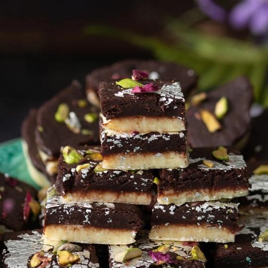 Close up view of a Stack of chocolate barfi